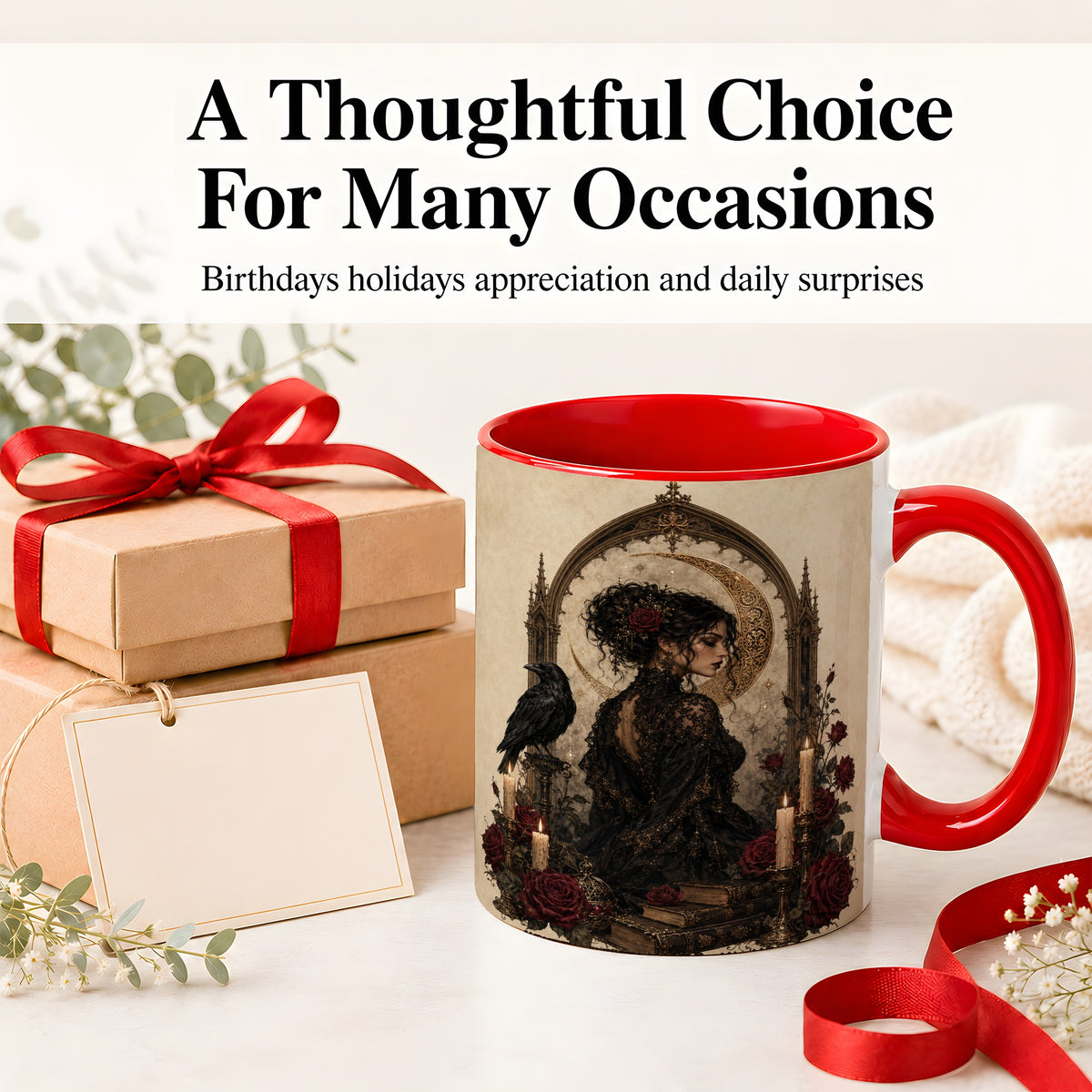 #pl[11oz|Red] Gothic Raven Lady Ceramic Mug, Moon Rose Art for Dark Romance Fans