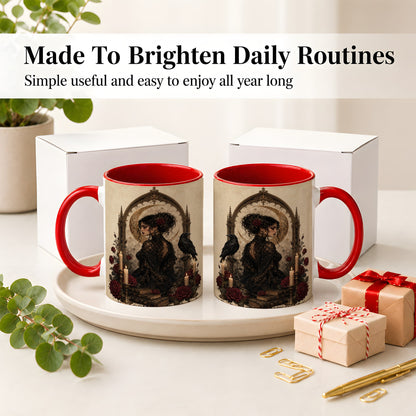#pl[11oz|Red] Gothic Raven Lady Ceramic Mug, Moon Rose Art for Dark Romance Fans
