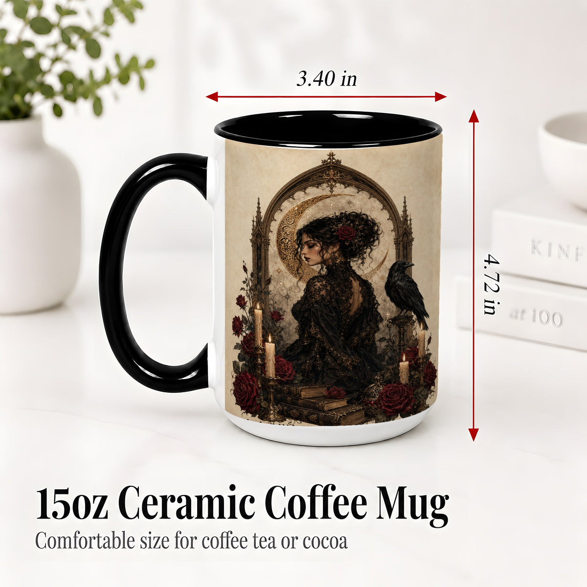 #pl[15oz|Black] Gothic Raven Lady Ceramic Mug, Moon Rose Art for Dark Romance Fans