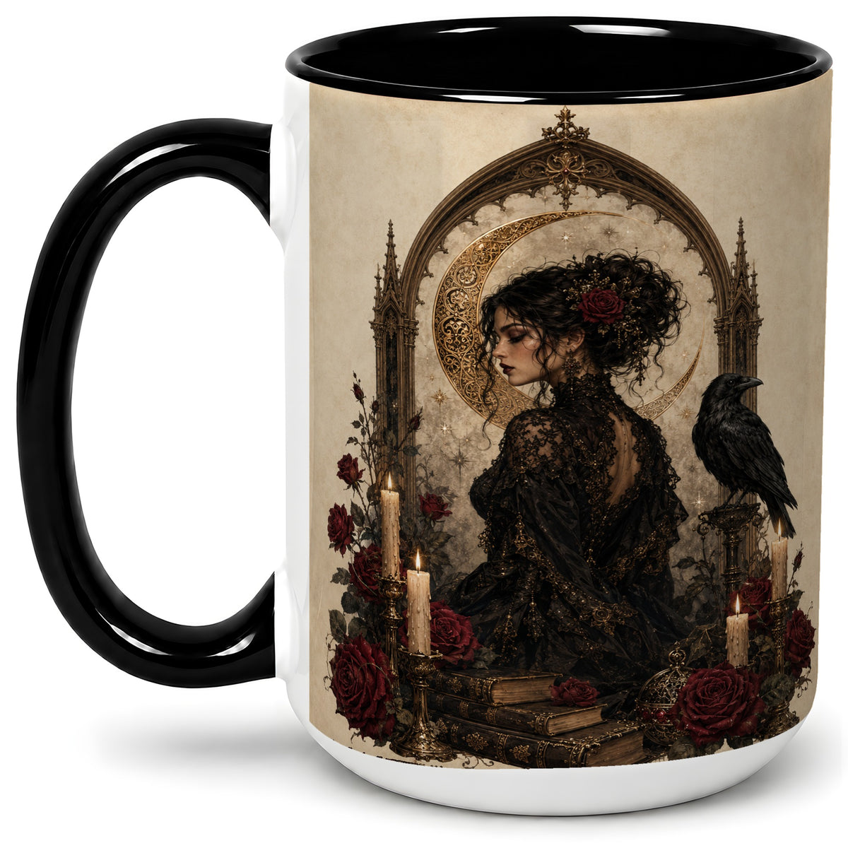 #pl[15oz|Black] Gothic Raven Lady Ceramic Mug, Moon Rose Art for Dark Romance Fans