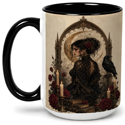 #pl[15oz|Black] Gothic Raven Lady Ceramic Mug, Moon Rose Art for Dark Romance Fans