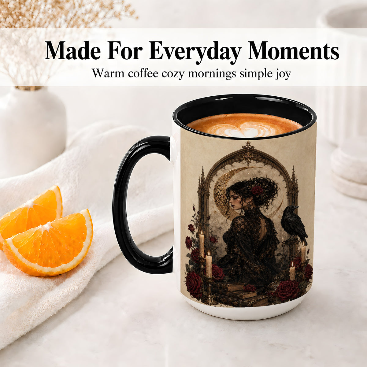 #pl[15oz|Black] Gothic Raven Lady Ceramic Mug, Moon Rose Art for Dark Romance Fans