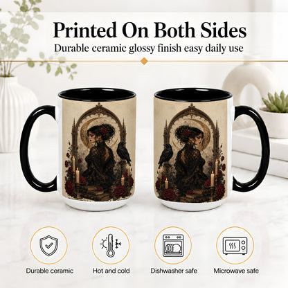 #pl[15oz|Black] Gothic Raven Lady Ceramic Mug, Moon Rose Art for Dark Romance Fans