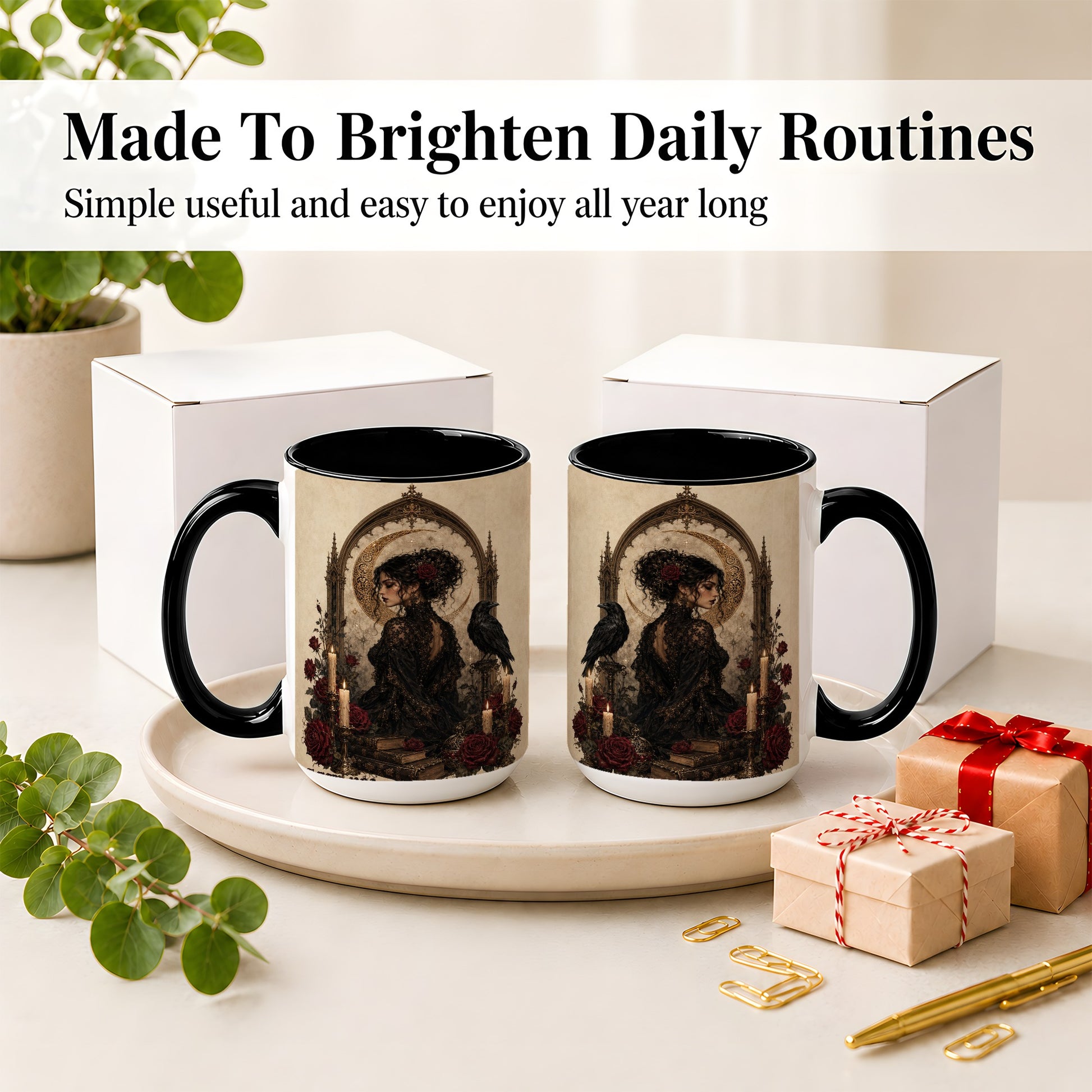 #pl[15oz|Black] Gothic Raven Lady Ceramic Mug, Moon Rose Art for Dark Romance Fans