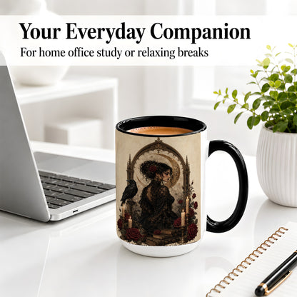 #pl[15oz|Black] Gothic Raven Lady Ceramic Mug, Moon Rose Art for Dark Romance Fans