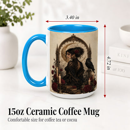 #pl[15oz|Blue] Gothic Raven Lady Ceramic Mug, Moon Rose Art for Dark Romance Fans