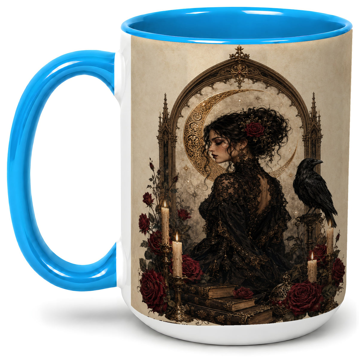 #pl[15oz|Blue] Gothic Raven Lady Ceramic Mug, Moon Rose Art for Dark Romance Fans