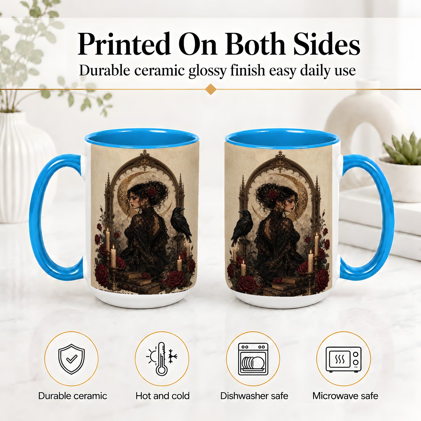 #pl[15oz|Blue] Gothic Raven Lady Ceramic Mug, Moon Rose Art for Dark Romance Fans