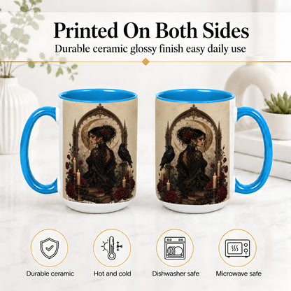 #pl[15oz|Blue] Gothic Raven Lady Ceramic Mug, Moon Rose Art for Dark Romance Fans