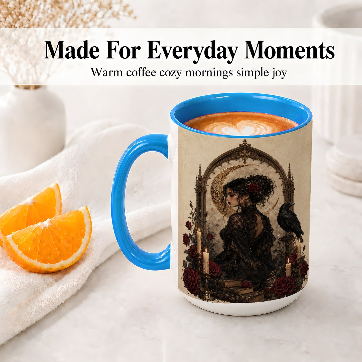 #pl[15oz|Blue] Gothic Raven Lady Ceramic Mug, Moon Rose Art for Dark Romance Fans