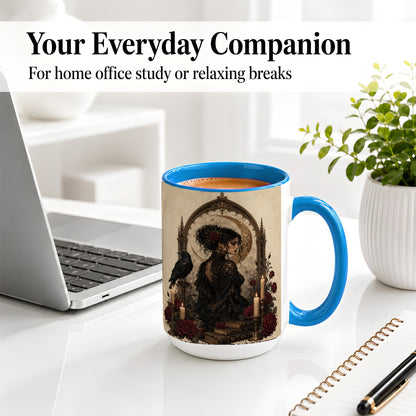 #pl[15oz|Blue] Gothic Raven Lady Ceramic Mug, Moon Rose Art for Dark Romance Fans