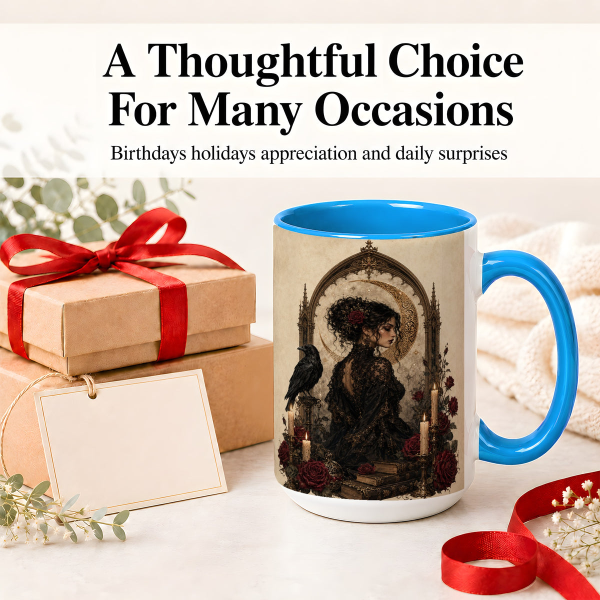 #pl[15oz|Blue] Gothic Raven Lady Ceramic Mug, Moon Rose Art for Dark Romance Fans