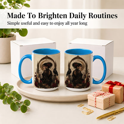#pl[15oz|Blue] Gothic Raven Lady Ceramic Mug, Moon Rose Art for Dark Romance Fans