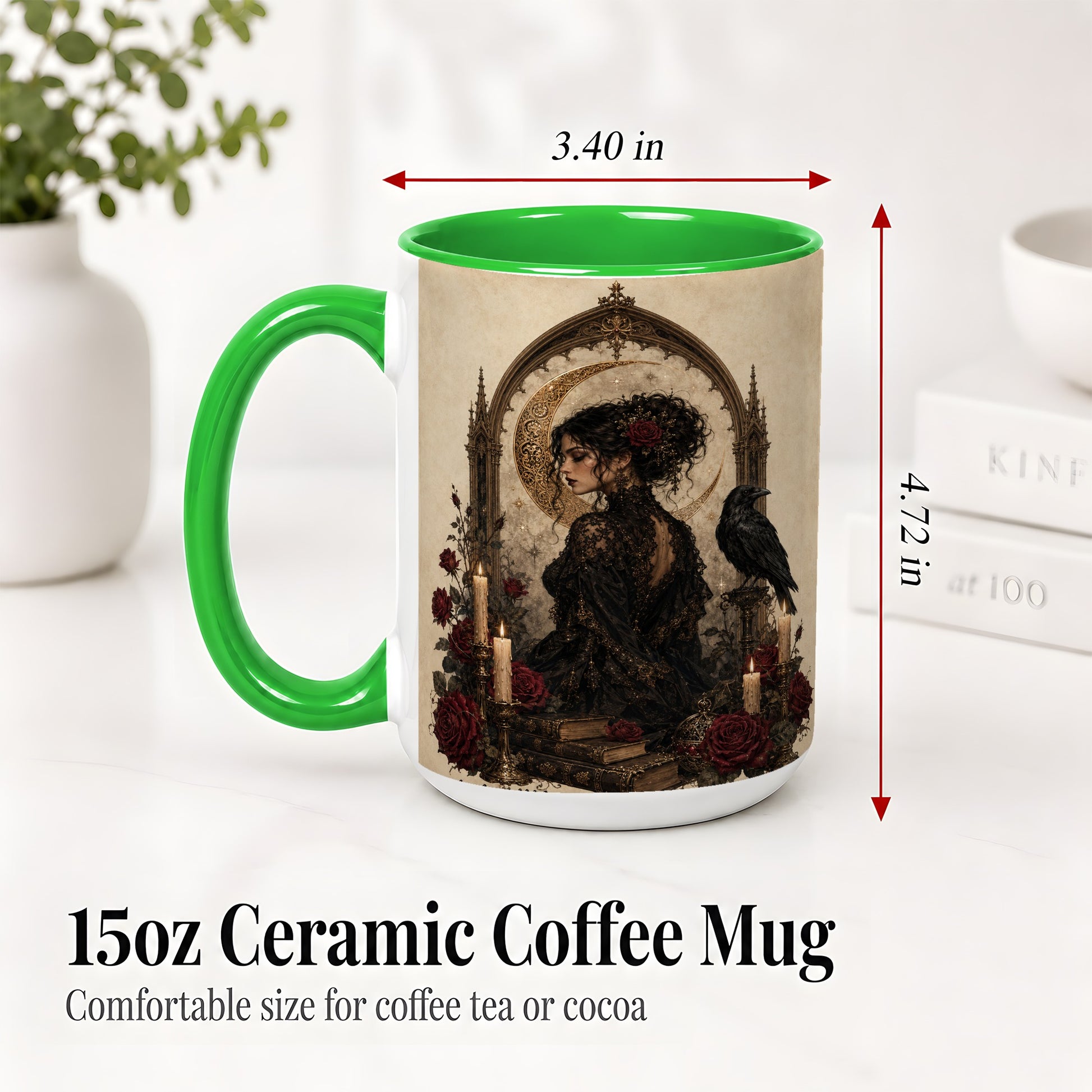 #pl[15oz|Green] Gothic Raven Lady Ceramic Mug, Moon Rose Art for Dark Romance Fans