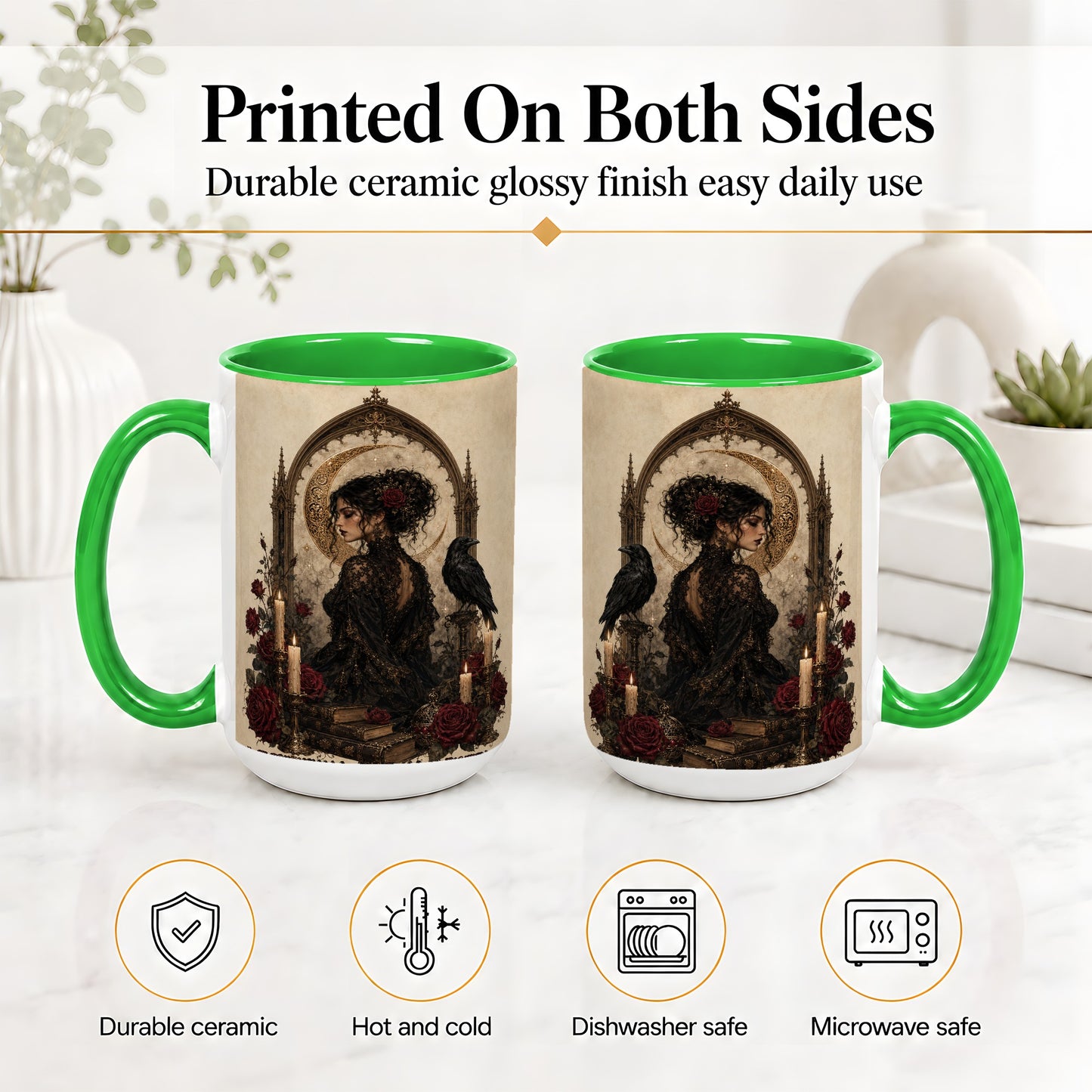 #pl[15oz|Green] Gothic Raven Lady Ceramic Mug, Moon Rose Art for Dark Romance Fans
