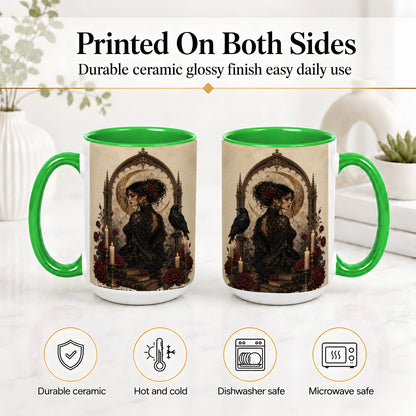 #pl[15oz|Green] Gothic Raven Lady Ceramic Mug, Moon Rose Art for Dark Romance Fans