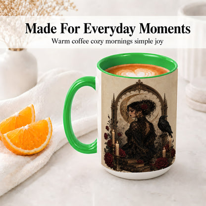 #pl[15oz|Green] Gothic Raven Lady Ceramic Mug, Moon Rose Art for Dark Romance Fans