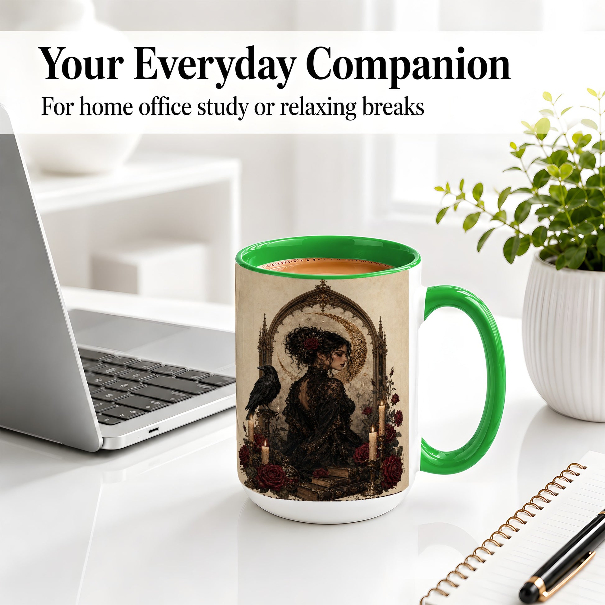 #pl[15oz|Green] Gothic Raven Lady Ceramic Mug, Moon Rose Art for Dark Romance Fans