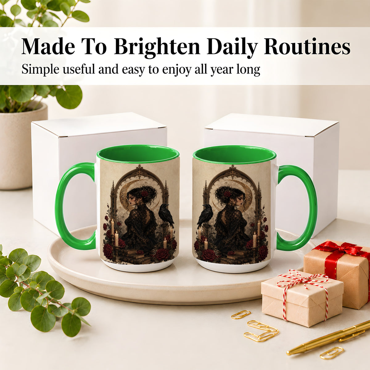 #pl[15oz|Green] Gothic Raven Lady Ceramic Mug, Moon Rose Art for Dark Romance Fans