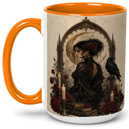 #pl[15oz|Orange] Gothic Raven Lady Ceramic Mug, Moon Rose Art for Dark Romance Fans