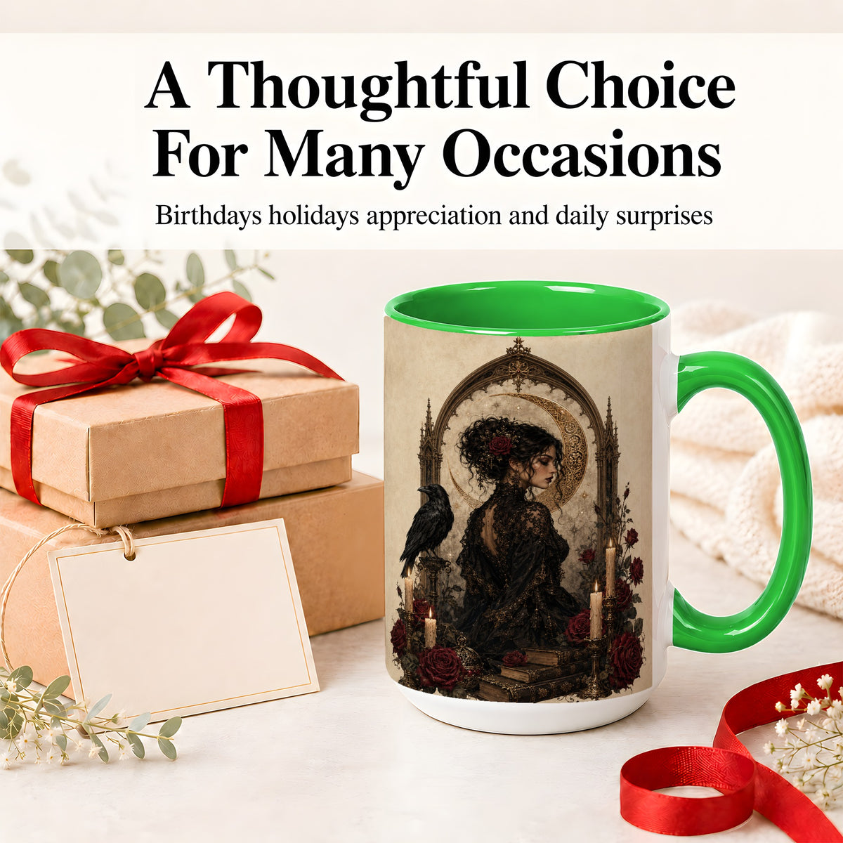 #pl[15oz|Green] Gothic Raven Lady Ceramic Mug, Moon Rose Art for Dark Romance Fans