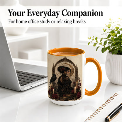 #pl[15oz|Orange] Gothic Raven Lady Ceramic Mug, Moon Rose Art for Dark Romance Fans