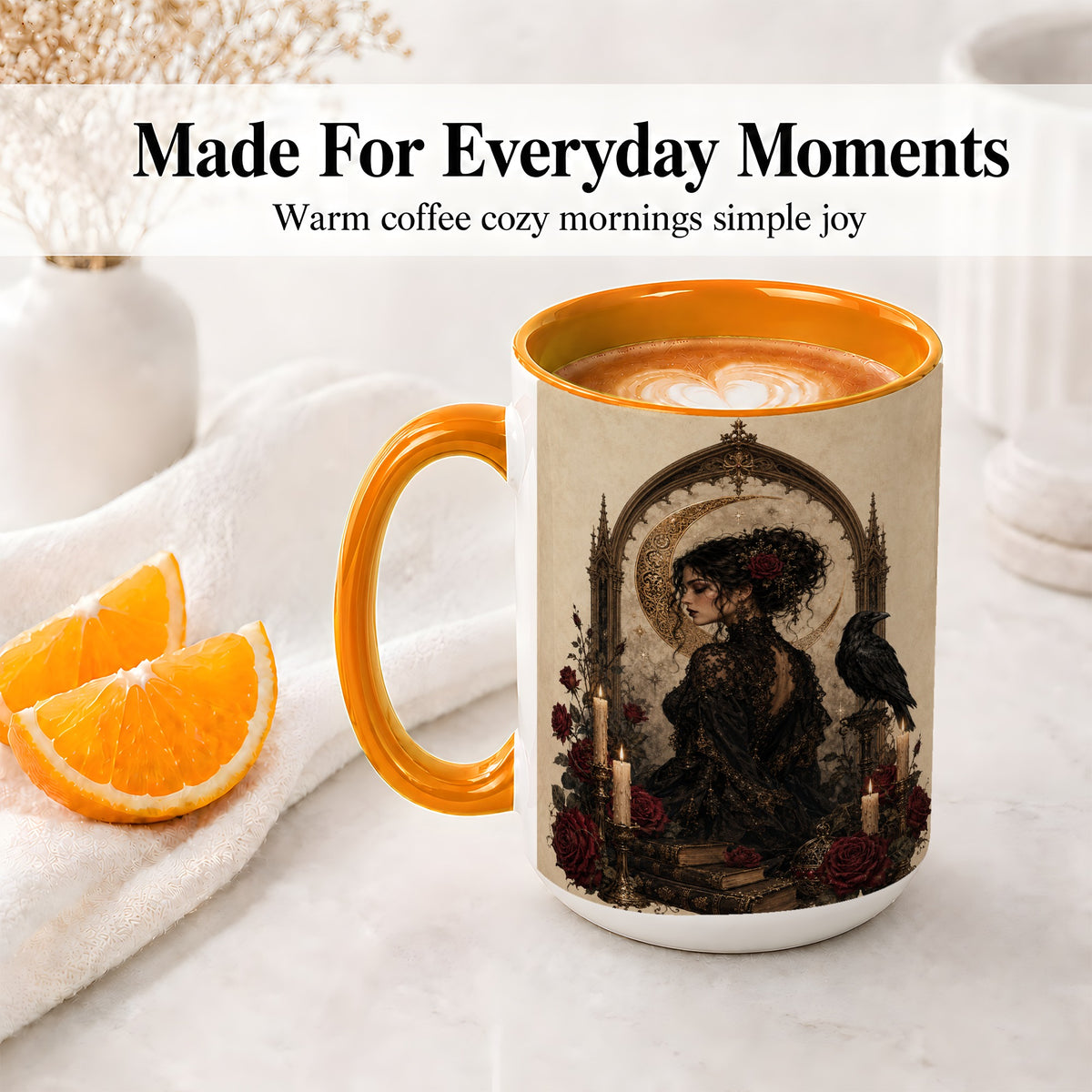 #pl[15oz|Orange] Gothic Raven Lady Ceramic Mug, Moon Rose Art for Dark Romance Fans