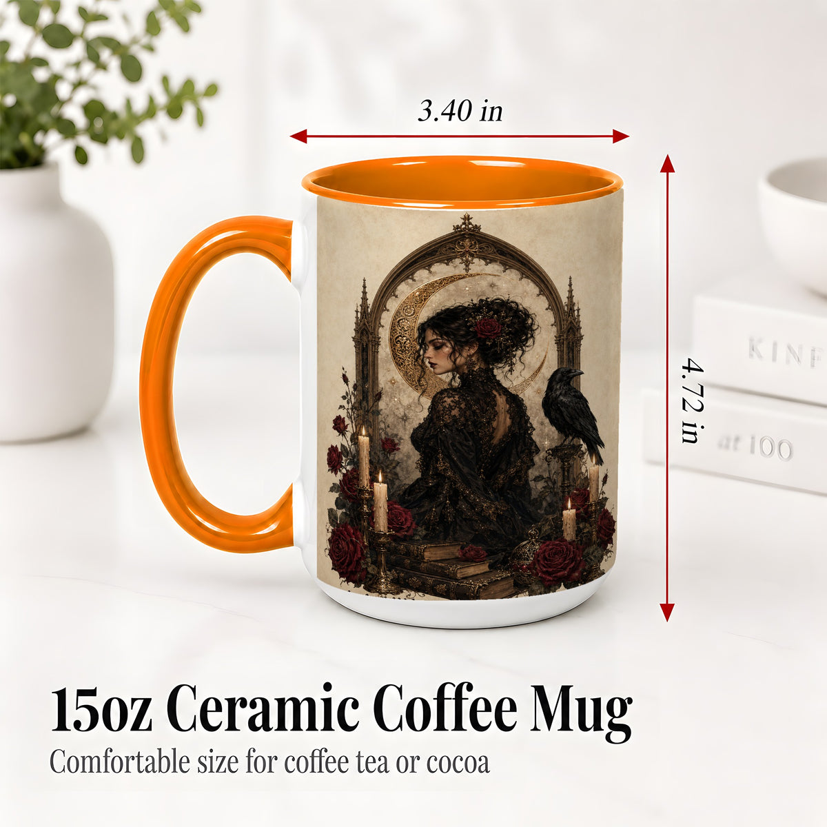 #pl[15oz|Orange] Gothic Raven Lady Ceramic Mug, Moon Rose Art for Dark Romance Fans