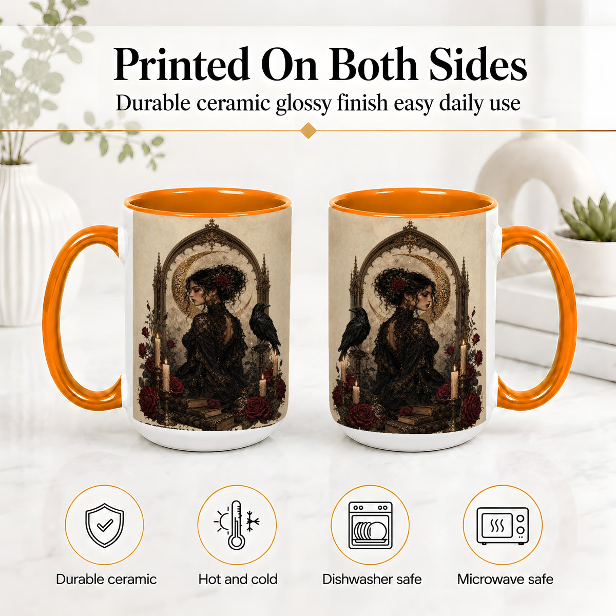 #pl[15oz|Orange] Gothic Raven Lady Ceramic Mug, Moon Rose Art for Dark Romance Fans