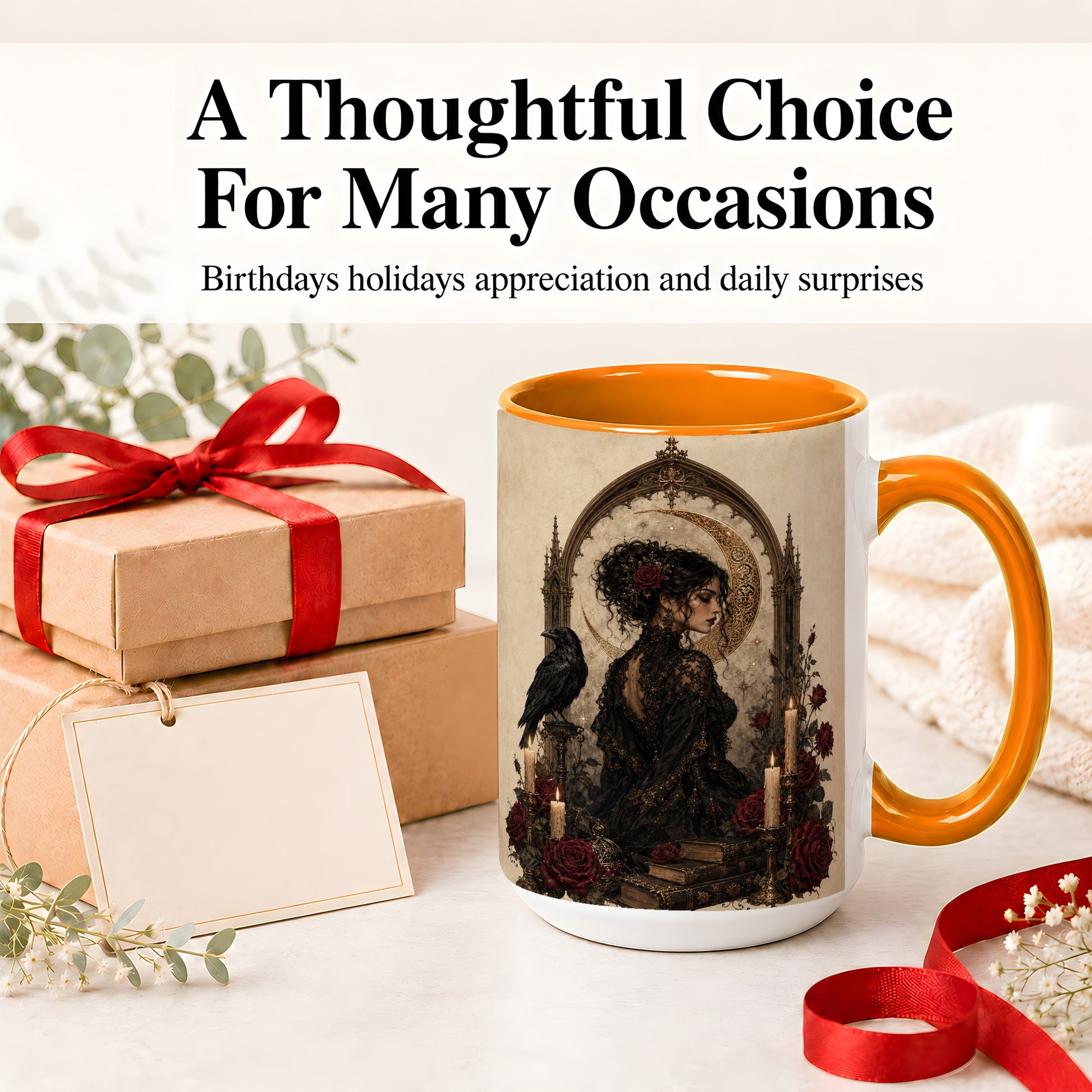 #pl[15oz|Orange] Gothic Raven Lady Ceramic Mug, Moon Rose Art for Dark Romance Fans