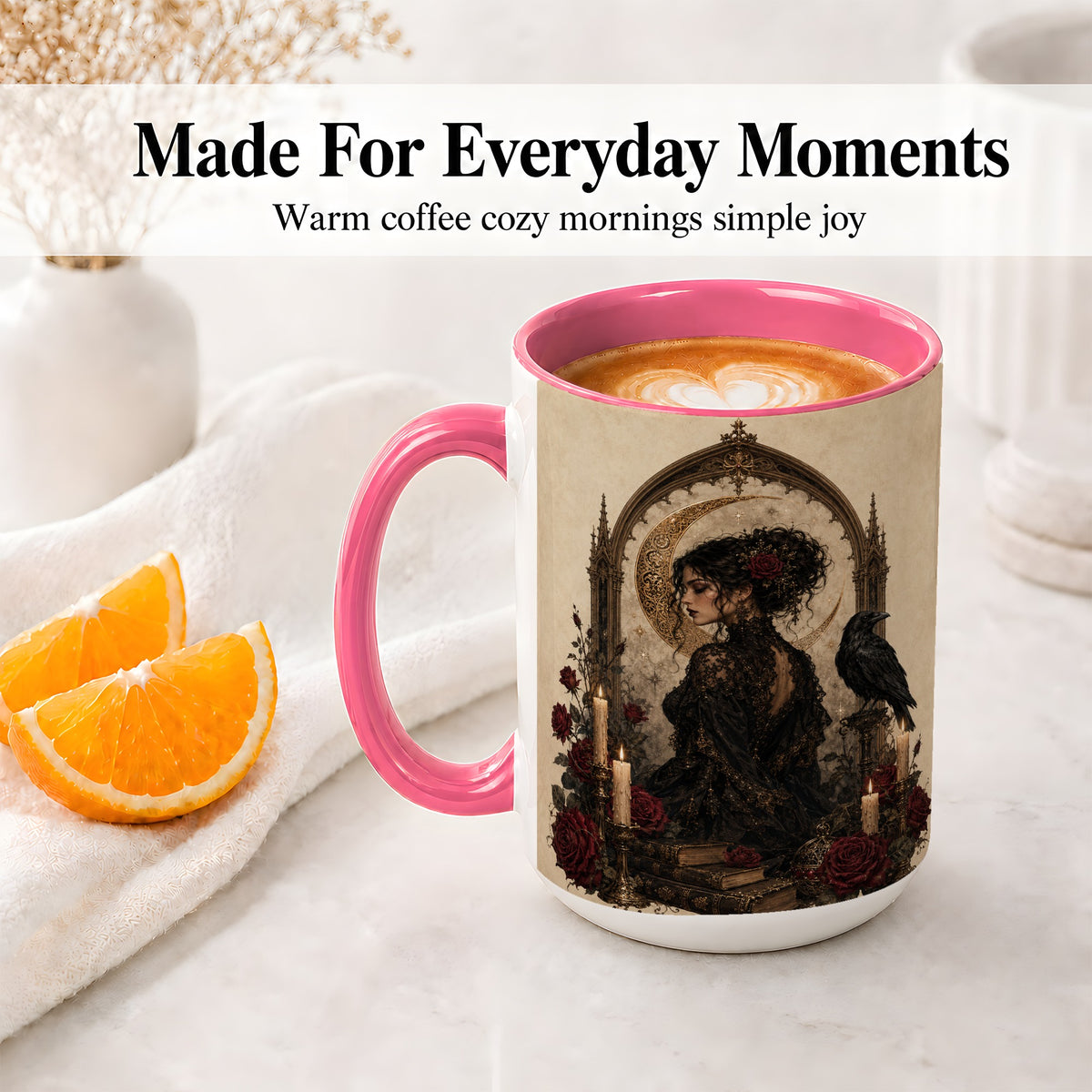 #pl[15oz|Pink] Gothic Raven Lady Ceramic Mug, Moon Rose Art for Dark Romance Fans