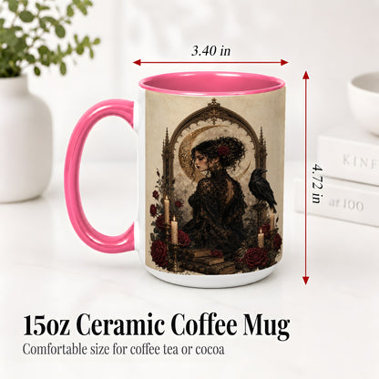 #pl[15oz|Pink] Gothic Raven Lady Ceramic Mug, Moon Rose Art for Dark Romance Fans