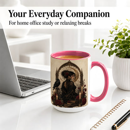 #pl[15oz|Pink] Gothic Raven Lady Ceramic Mug, Moon Rose Art for Dark Romance Fans
