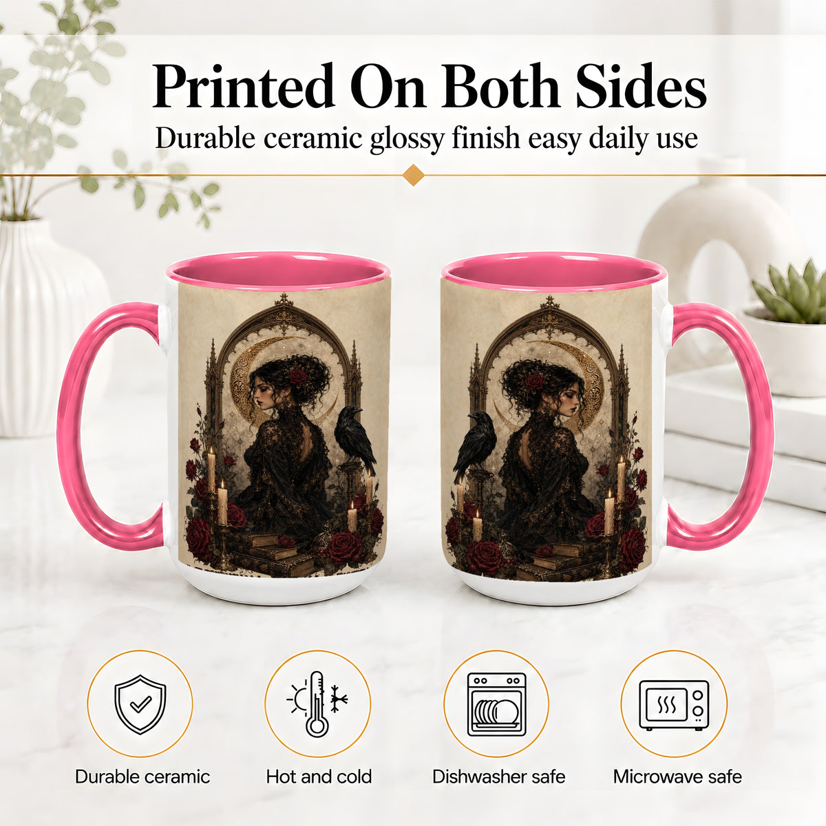 #pl[15oz|Pink] Gothic Raven Lady Ceramic Mug, Moon Rose Art for Dark Romance Fans