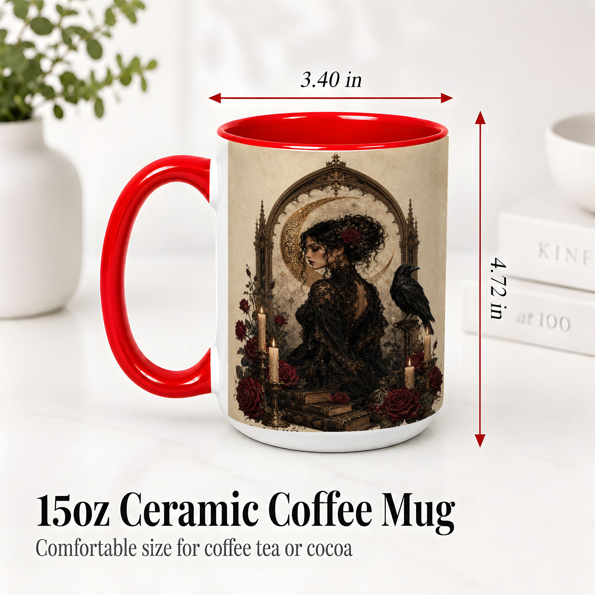 #pl[15oz|Red] Gothic Raven Lady Ceramic Mug, Moon Rose Art for Dark Romance Fans