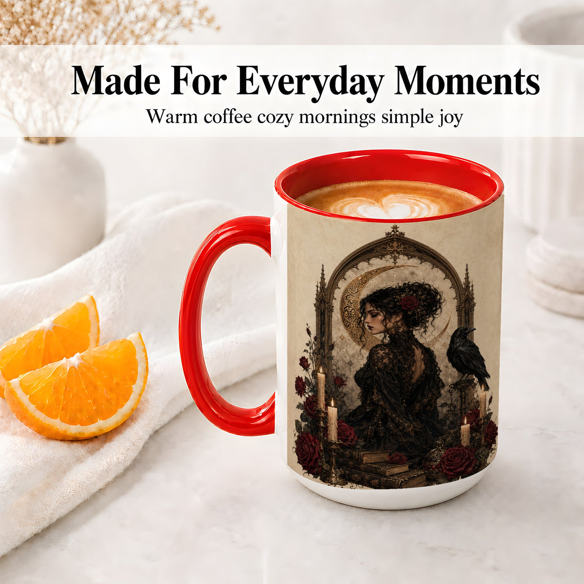 #pl[15oz|Red] Gothic Raven Lady Ceramic Mug, Moon Rose Art for Dark Romance Fans