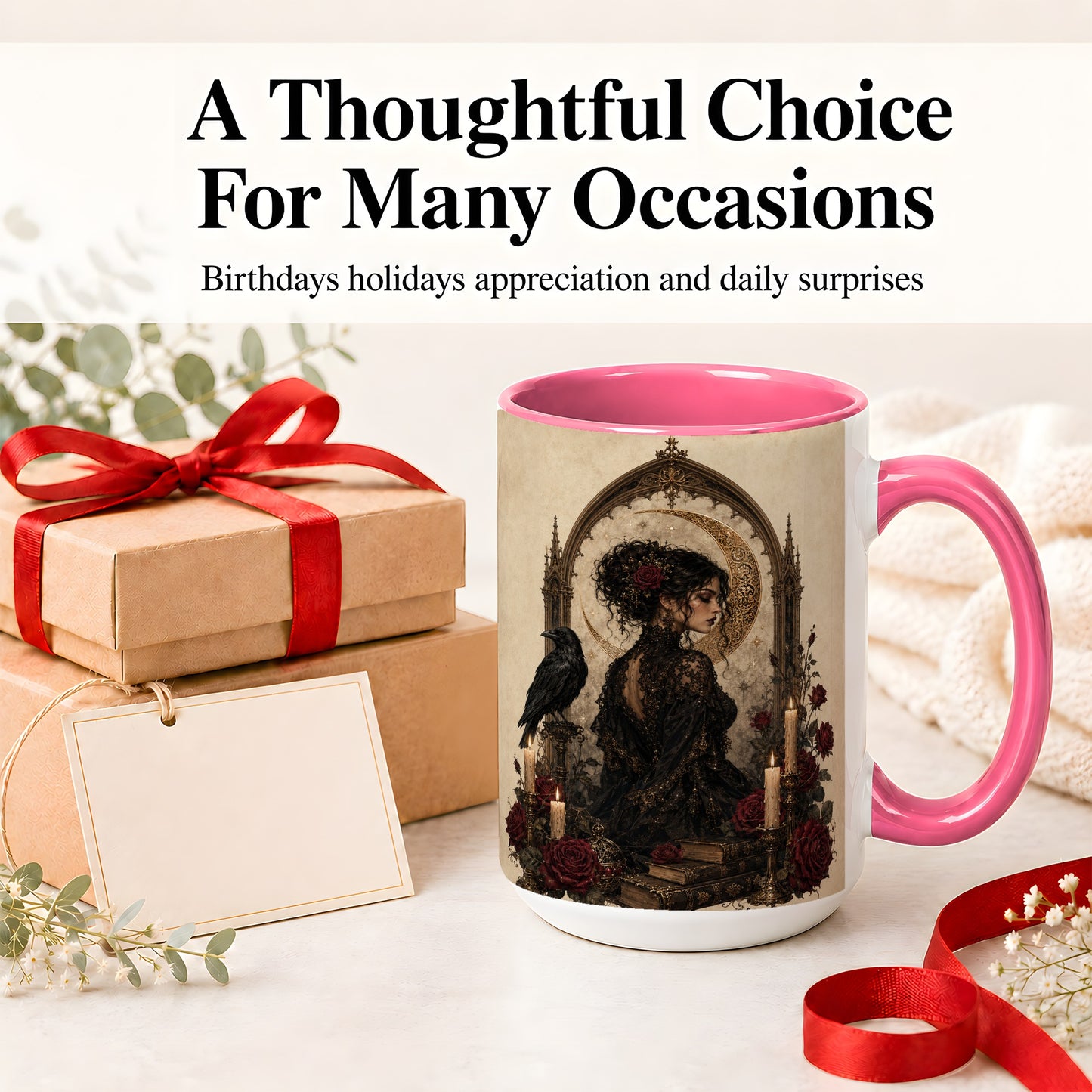 #pl[15oz|Pink] Gothic Raven Lady Ceramic Mug, Moon Rose Art for Dark Romance Fans