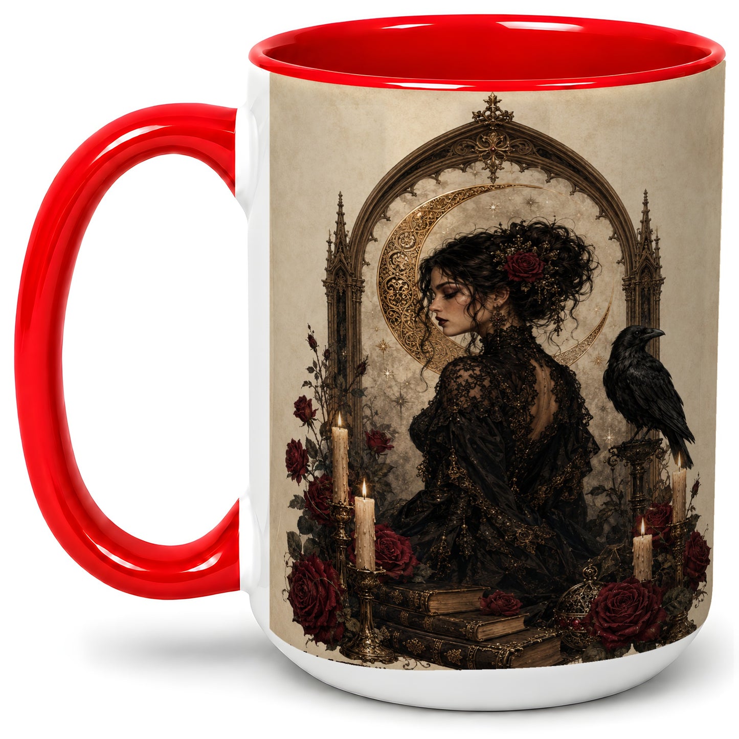 #pl[15oz|Red] Gothic Raven Lady Ceramic Mug, Moon Rose Art for Dark Romance Fans