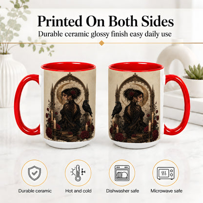 #pl[15oz|Red] Gothic Raven Lady Ceramic Mug, Moon Rose Art for Dark Romance Fans