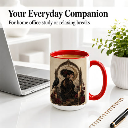 #pl[15oz|Red] Gothic Raven Lady Ceramic Mug, Moon Rose Art for Dark Romance Fans