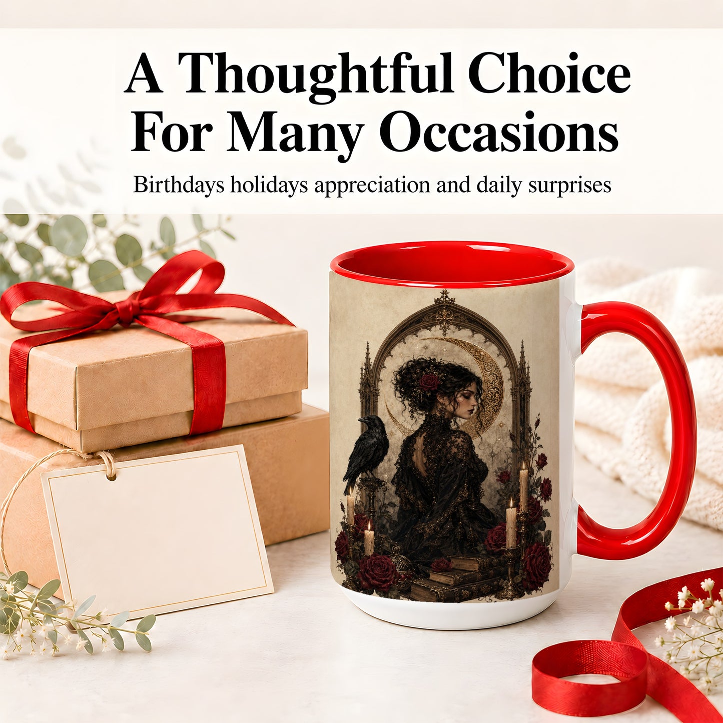 #pl[15oz|Red] Gothic Raven Lady Ceramic Mug, Moon Rose Art for Dark Romance Fans
