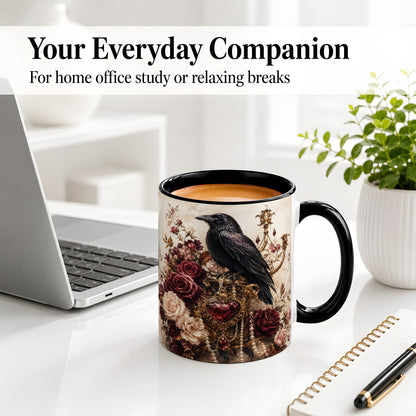 #pl[11oz|Black] Gothic Raven Ceramic Coffee Cup, Mug with Rose Jewel Artwork