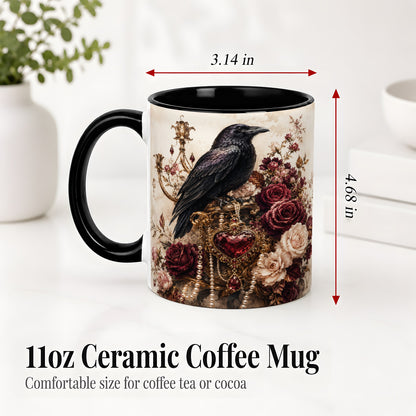 #pl[11oz|Black] Gothic Raven Ceramic Coffee Cup, Mug with Rose Jewel Artwork