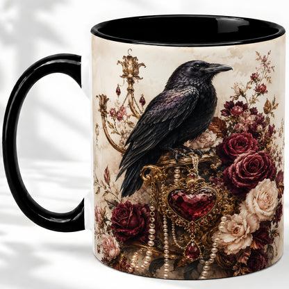 #pl[11oz|Black] Gothic Raven Ceramic Coffee Cup, Mug with Rose Jewel Artwork
