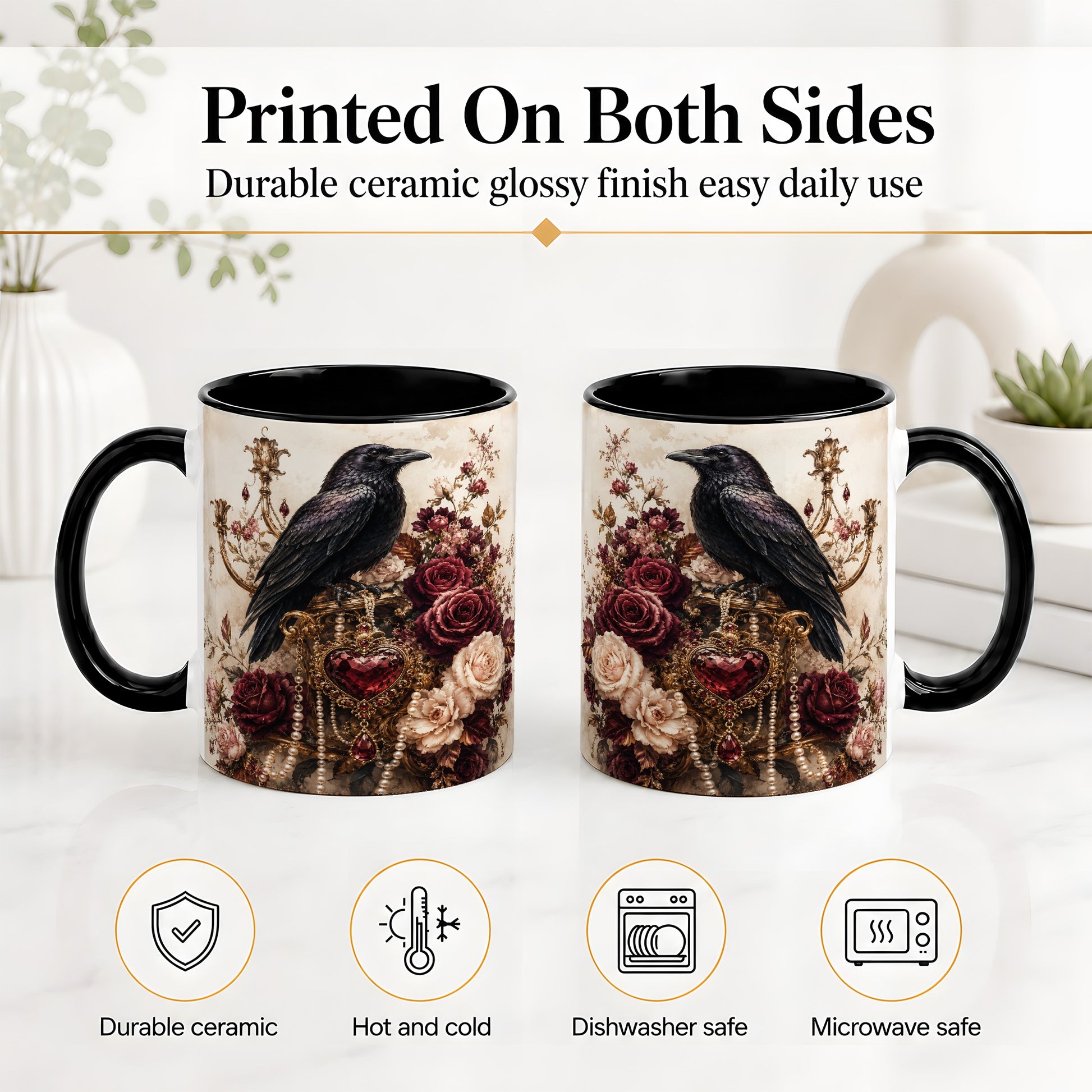 #pl[11oz|Black] Gothic Raven Ceramic Coffee Cup, Mug with Rose Jewel Artwork