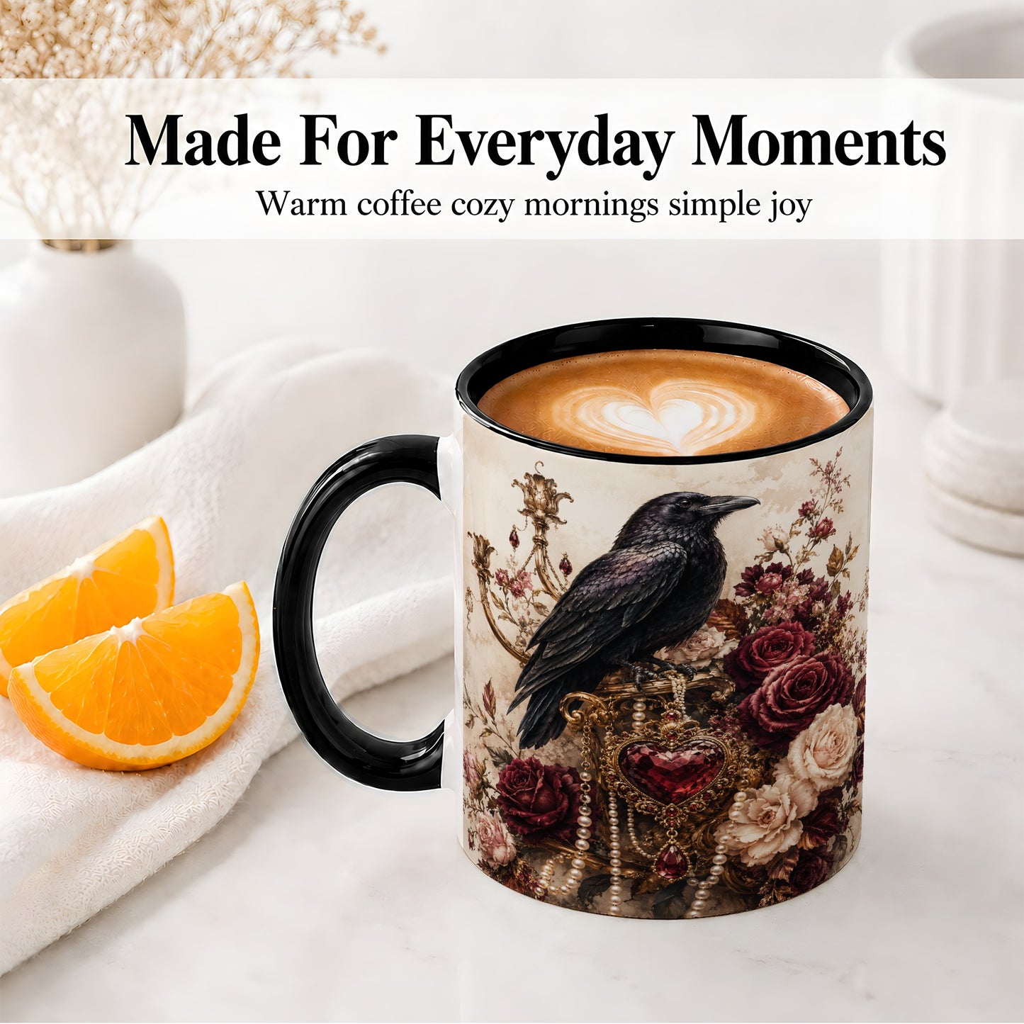 #pl[11oz|Black] Gothic Raven Ceramic Coffee Cup, Mug with Rose Jewel Artwork