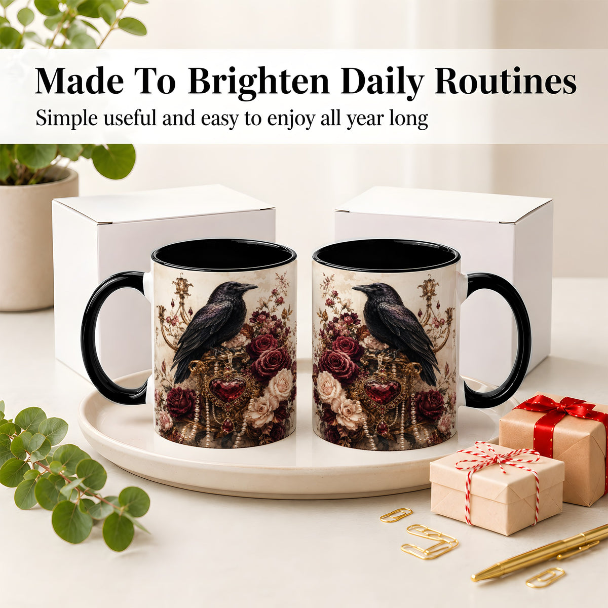 #pl[11oz|Black] Gothic Raven Ceramic Coffee Cup, Mug with Rose Jewel Artwork