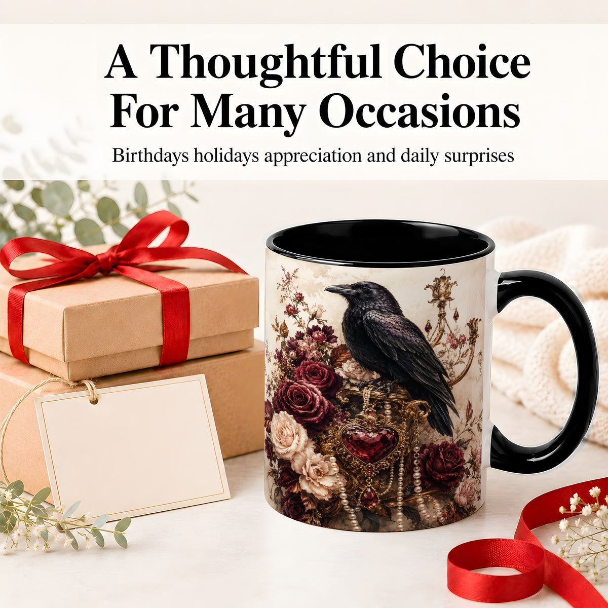 #pl[11oz|Black] Gothic Raven Ceramic Coffee Cup, Mug with Rose Jewel Artwork