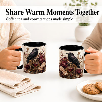 #pl[11oz|Black] Gothic Raven Ceramic Coffee Cup, Mug with Rose Jewel Artwork