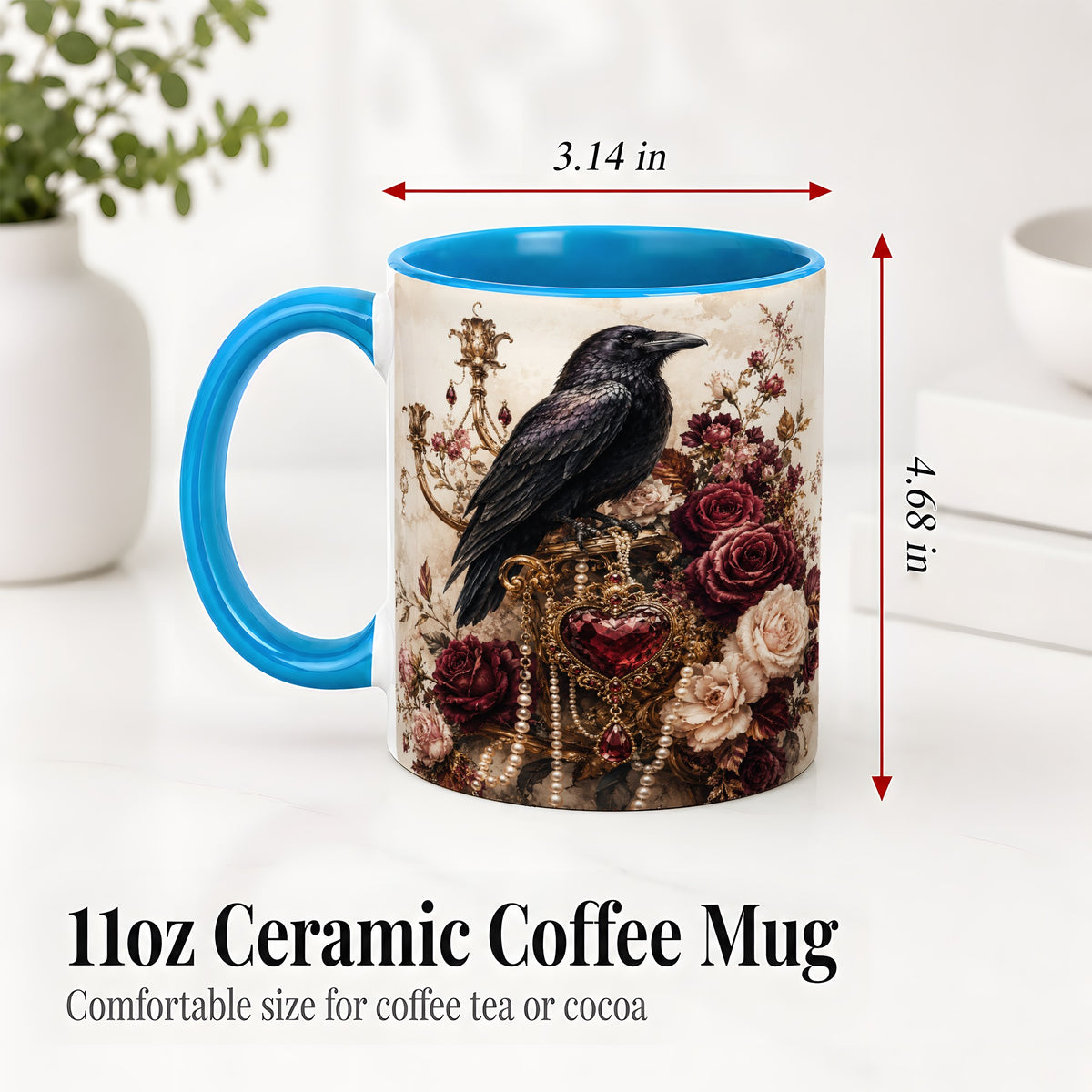 #pl[11oz|Blue] Gothic Raven Ceramic Coffee Cup, Mug with Rose Jewel Artwork